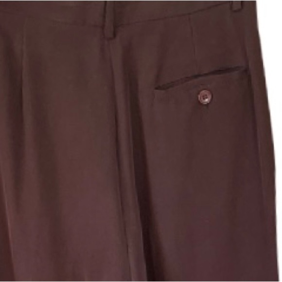 TROUSERS PANTS Vintage Hugo Buscati 100% Silk Twill Pleated Chocolate Brown NWT - Picture 4 of 5